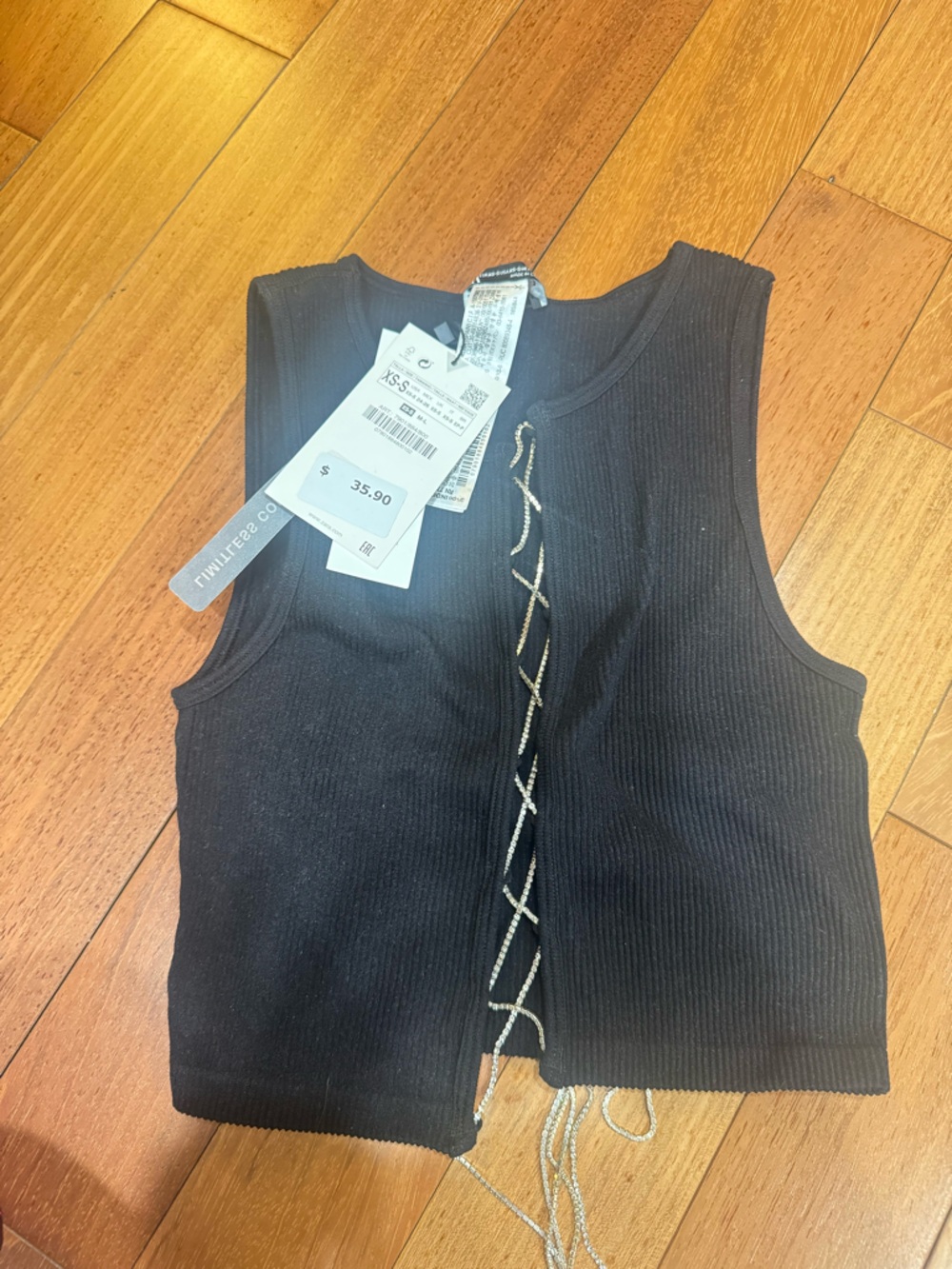 Zara Black Ribbed Lace-Up Tank with Silver Detail
